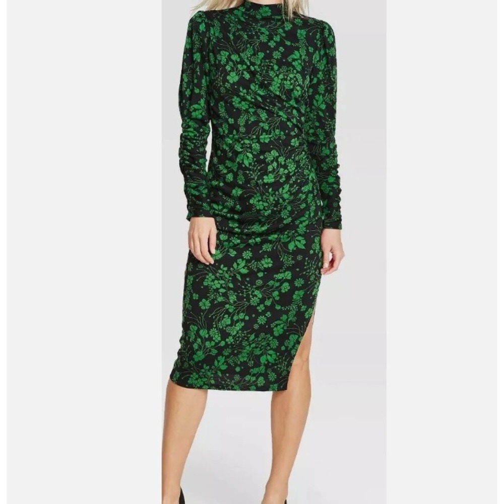 Who What Wear Floral Ruched Midi Dress Long Sleeve Mock‎ Neck Green Black Medium